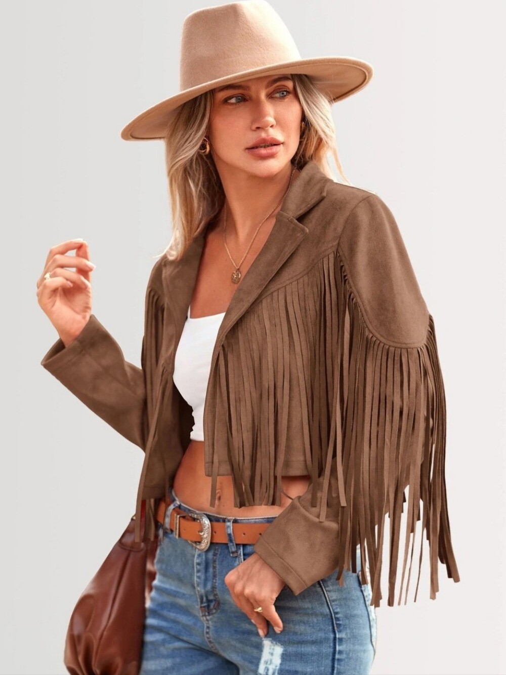 NWT PrettyGarden Coffee Brown Faux Suede Fringe Jacket L